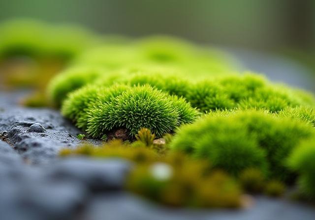 Close-up of soft green moss growing on a hard, dark slate stone, showcasing natural contrast.