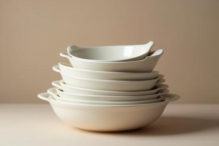 A stack of elegant, minimalist ceramic bakeware.
