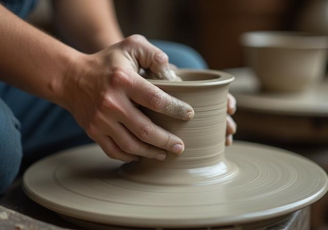 Close-up of a potter's hands shaping clay on a wheel.
