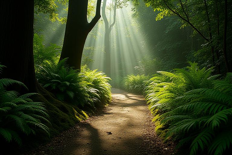 A serene, shady garden path in Bukit Timah surrounded by ferns and moss, with dappled sunlight filtering through tall trees.